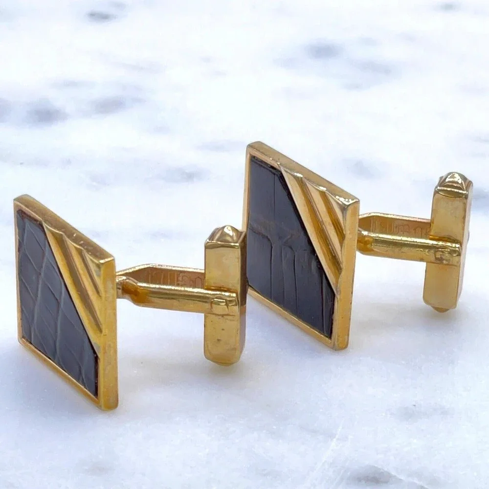 SWANK Vintage Gold Tone Brown Animal/Leather Detail Square Bullet Back Cufflinks
